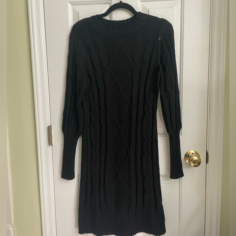 NWT Rachel Zoe Black Cable Knit Long Sleeve Sweater Dress